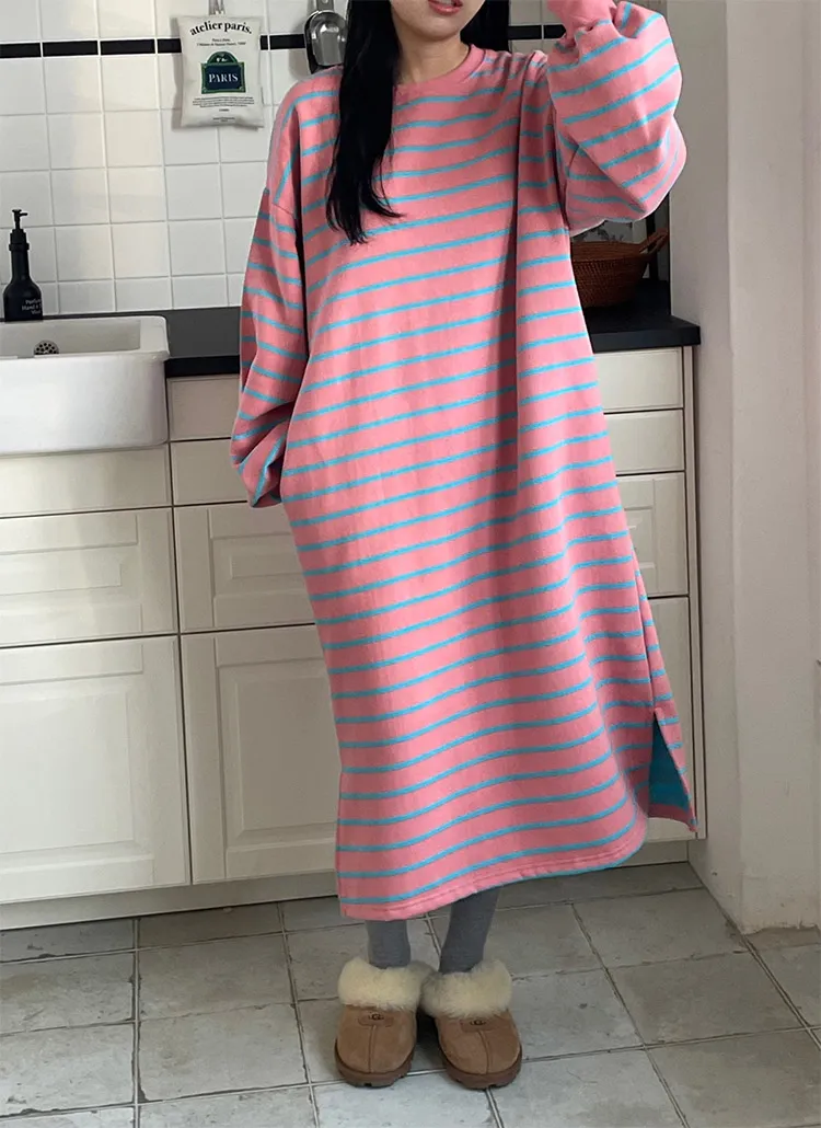 裏起毛ボーダースリットスウェットワンピース | 詳細画像1