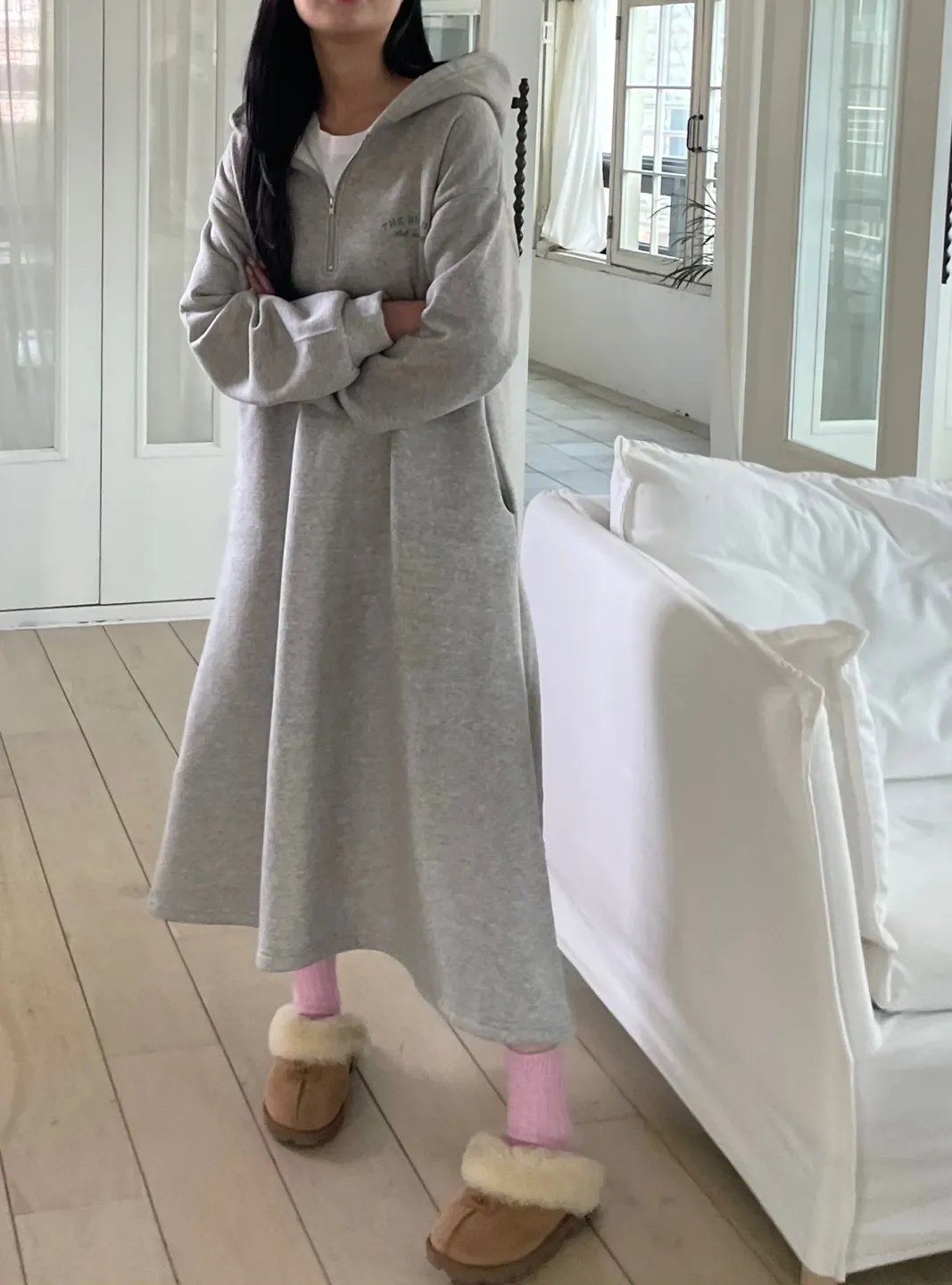 裏起毛ハーフジップミニレタリングパーカーワンピース | 詳細画像1