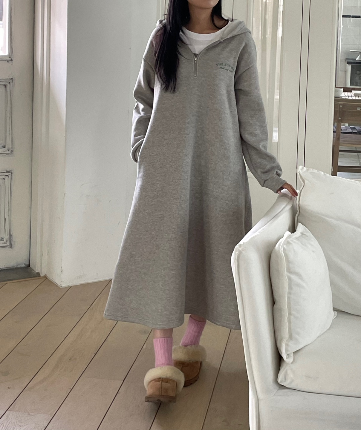 裏起毛ハーフジップミニレタリングパーカーワンピース | 詳細画像7