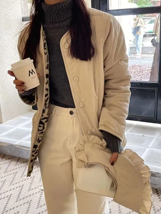 フリルカラー付レオパードボア裏地キルティングジャケット