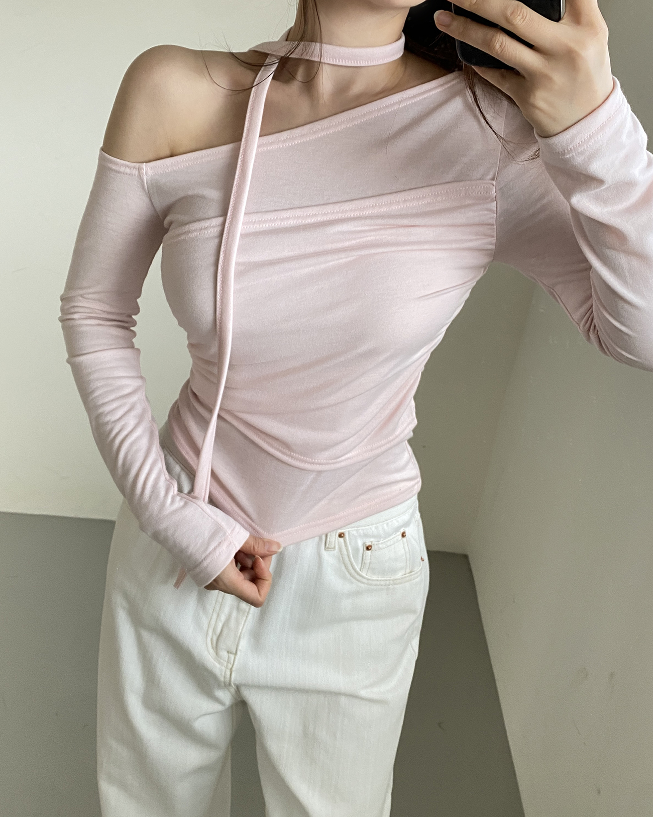 ストラップ付裏起毛シャーリングビスチェワンショルTシャツ | 詳細画像10