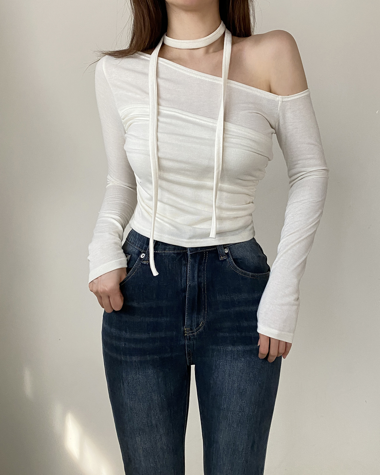 ストラップ付裏起毛シャーリングビスチェワンショルTシャツ | 詳細画像12