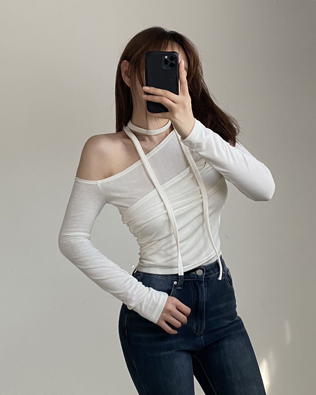 ストラップ付裏起毛シャーリングビスチェワンショルTシャツ | 詳細画像14