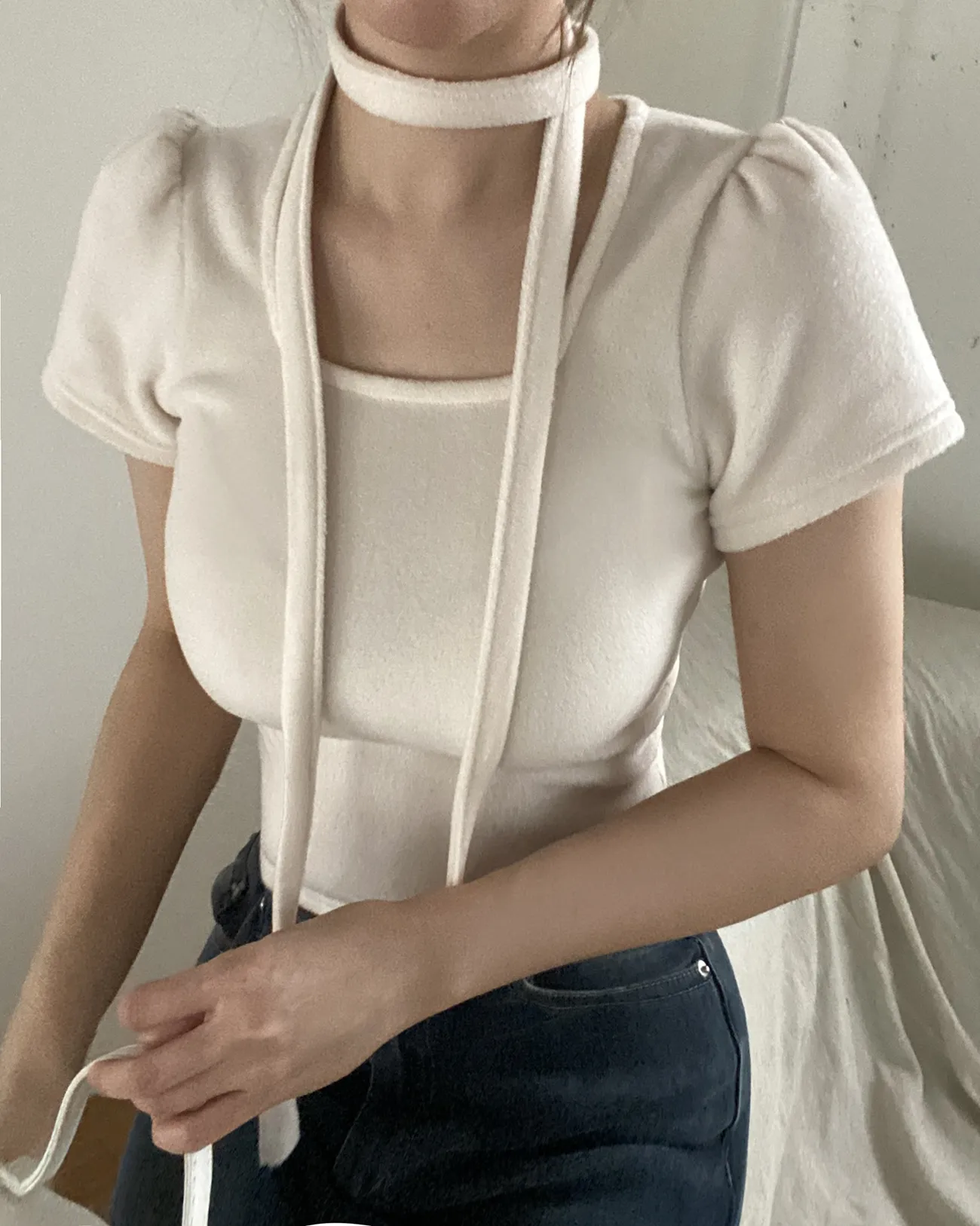 ストラップ付両起毛スクエアパフ半袖Tシャツ | 詳細画像1
