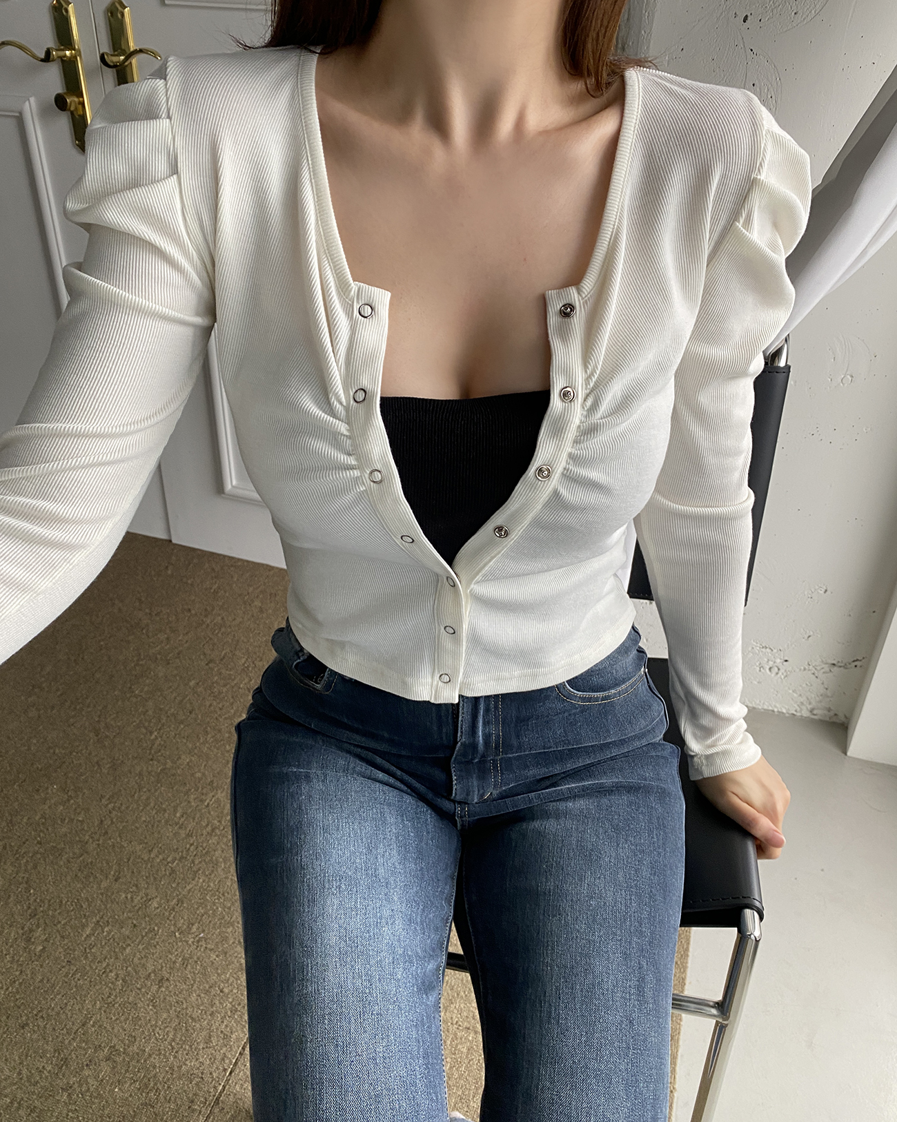 シャーリングVネックパフリブカーディガン | 詳細画像3