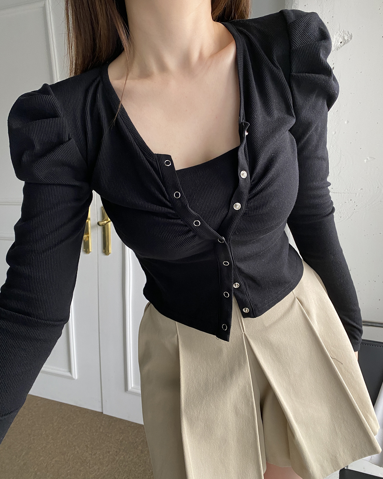 シャーリングVネックパフリブカーディガン | 詳細画像9