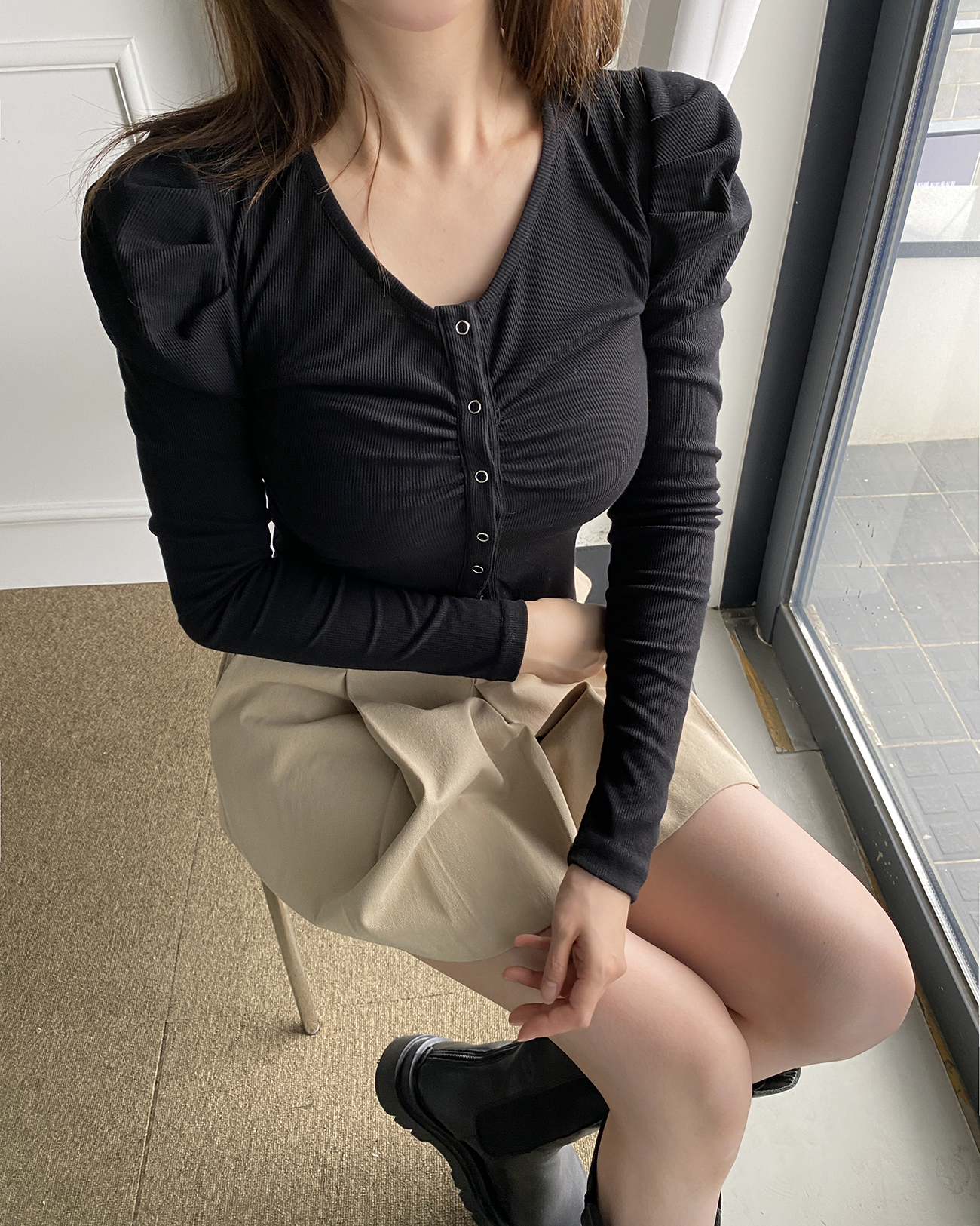 シャーリングVネックパフリブカーディガン | 詳細画像10