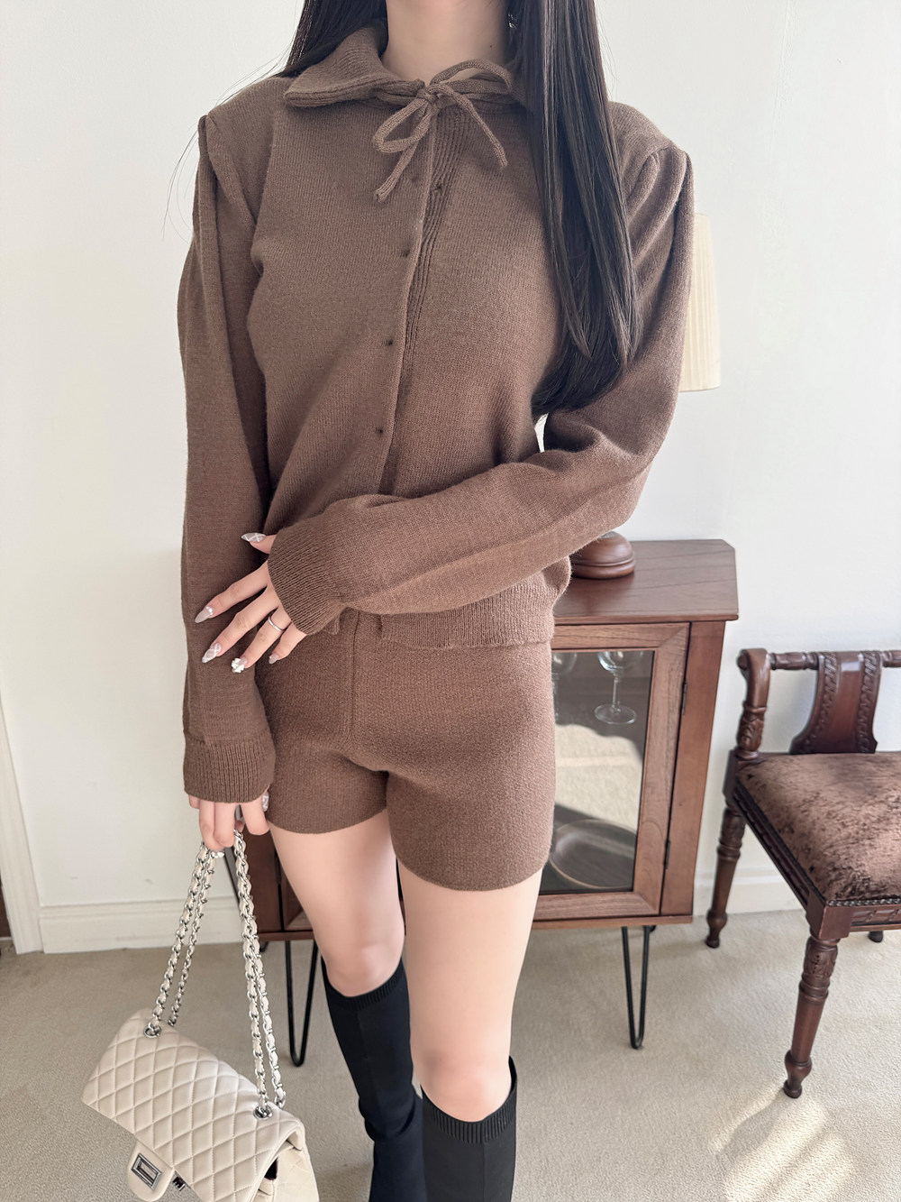 2WAYリボンパフカーディガン&ニットショートパンツSET | レディース