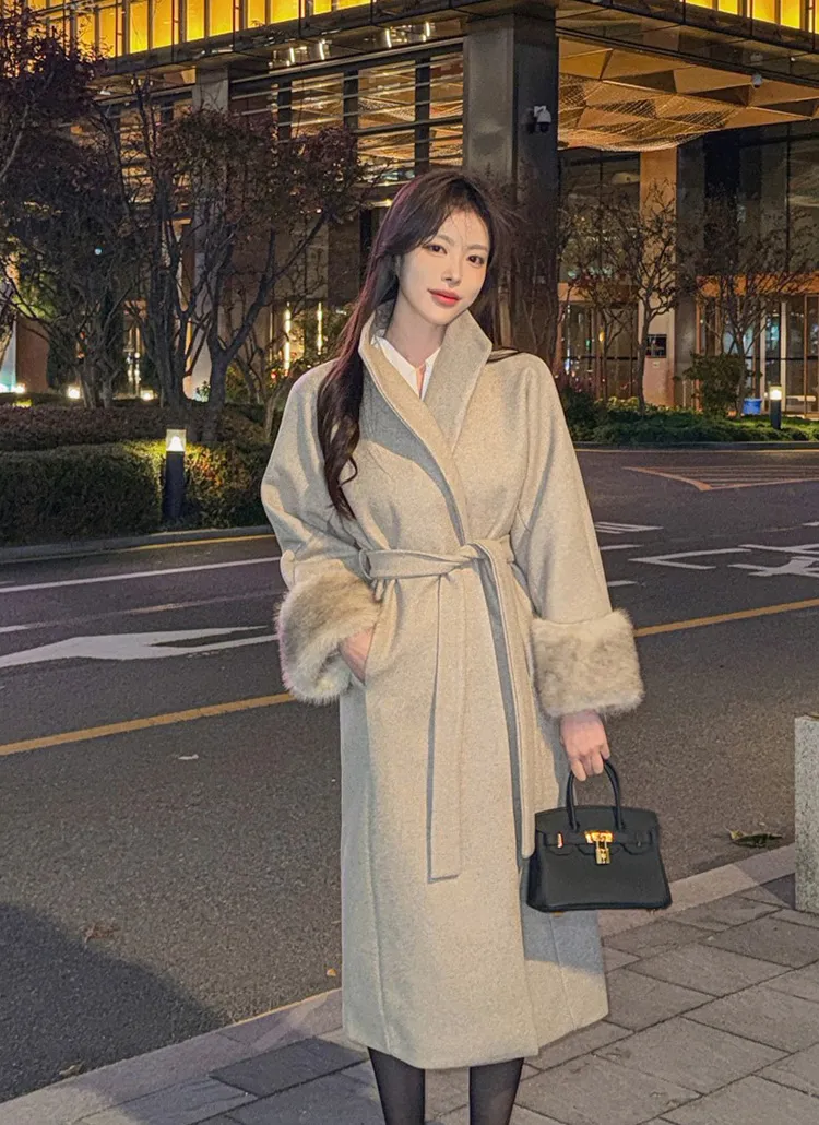 ストラップ付ウール混エコファースリーブショールカラーコート | highclassic | 詳細画像1