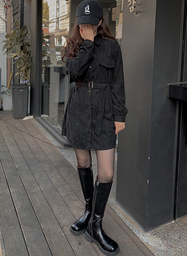 ベルト付フラップコーデュロイミニシャツワンピース | レディース
