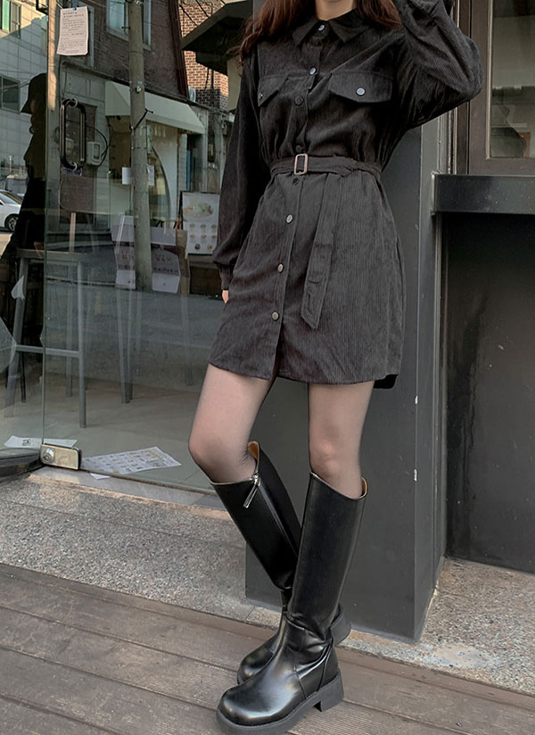 ベルト付フラップコーデュロイミニシャツワンピース