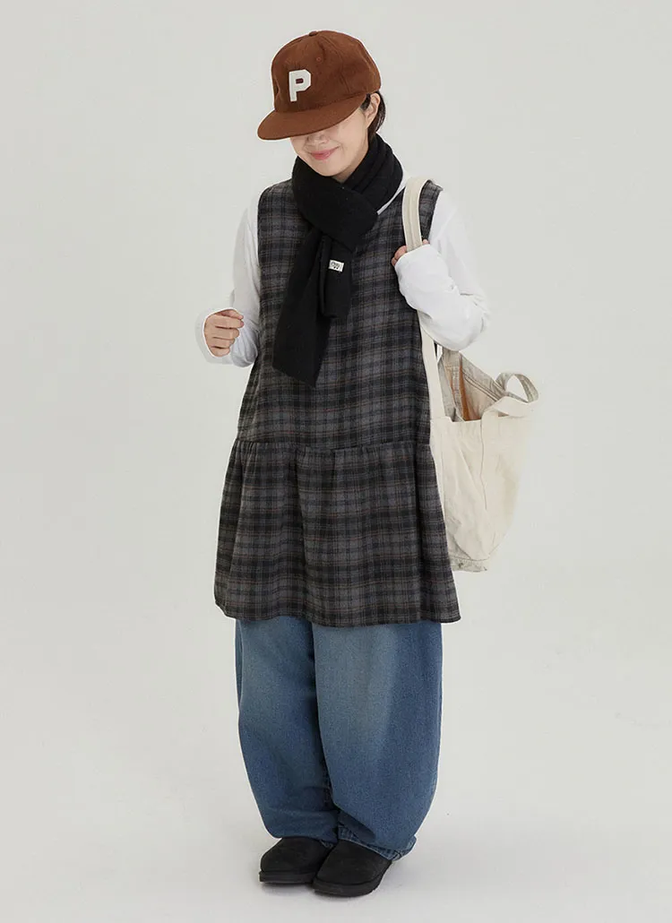 ピーチ起毛チェックノースリーブフレアワンピース | baon | 詳細画像1