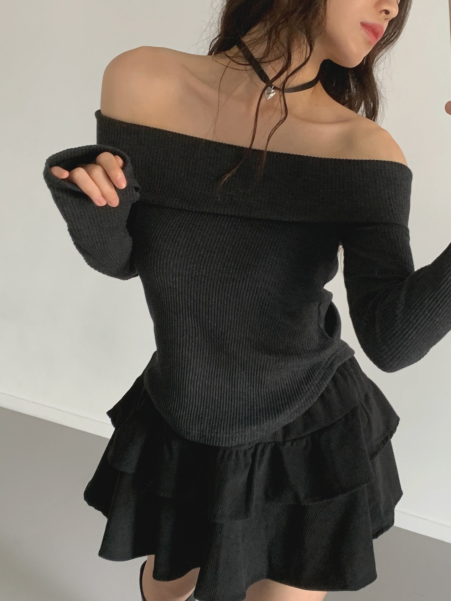 オフショルラップラウンドヘムリブTシャツ | 詳細画像8