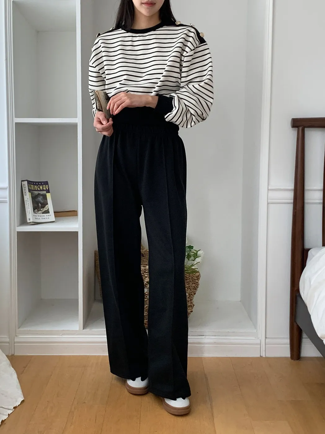 裏起毛ショルダーボタンボーダースウェット&パンツSET | 詳細画像1