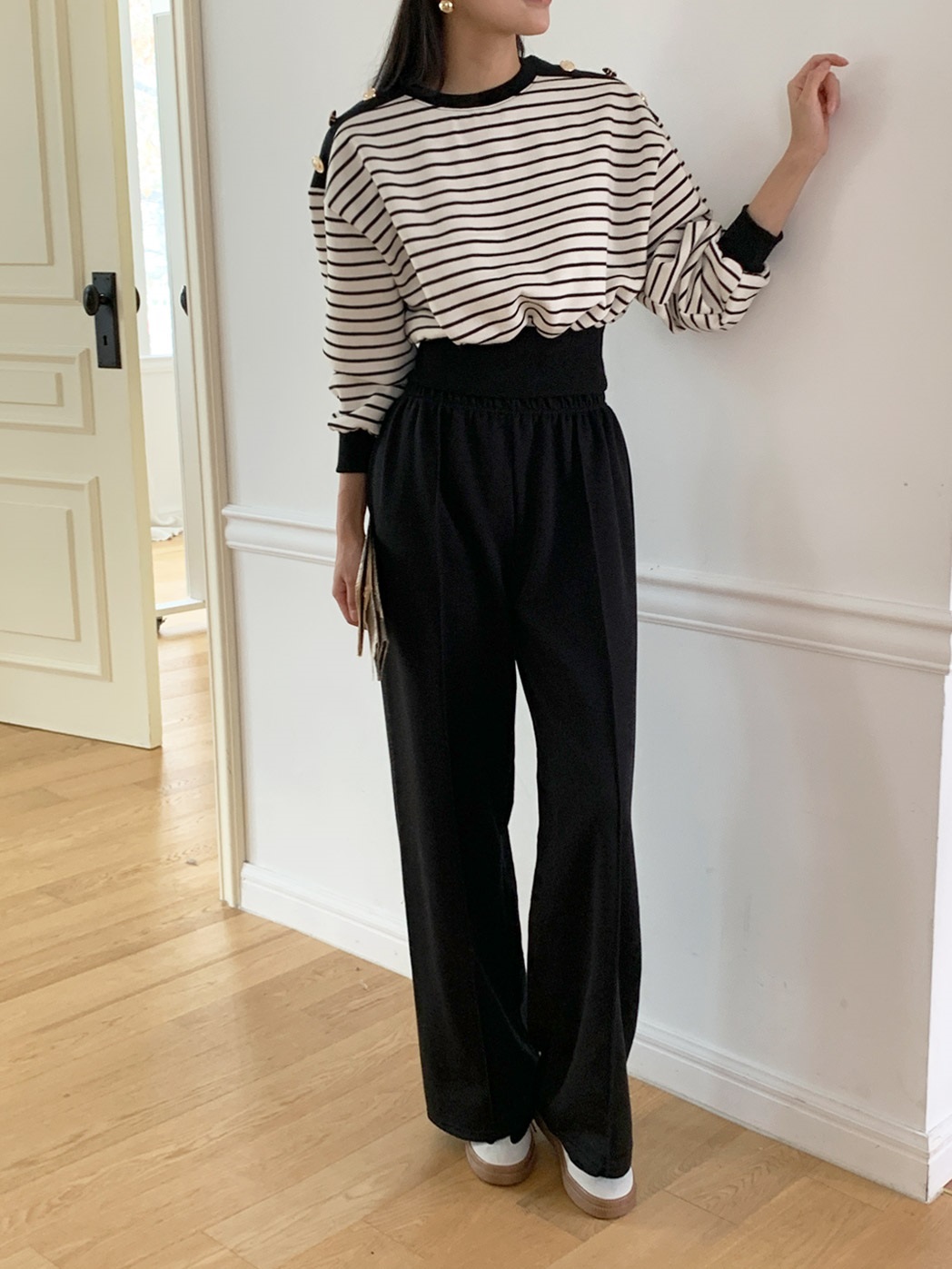 裏起毛ショルダーボタンボーダースウェット&パンツSET | 詳細画像2