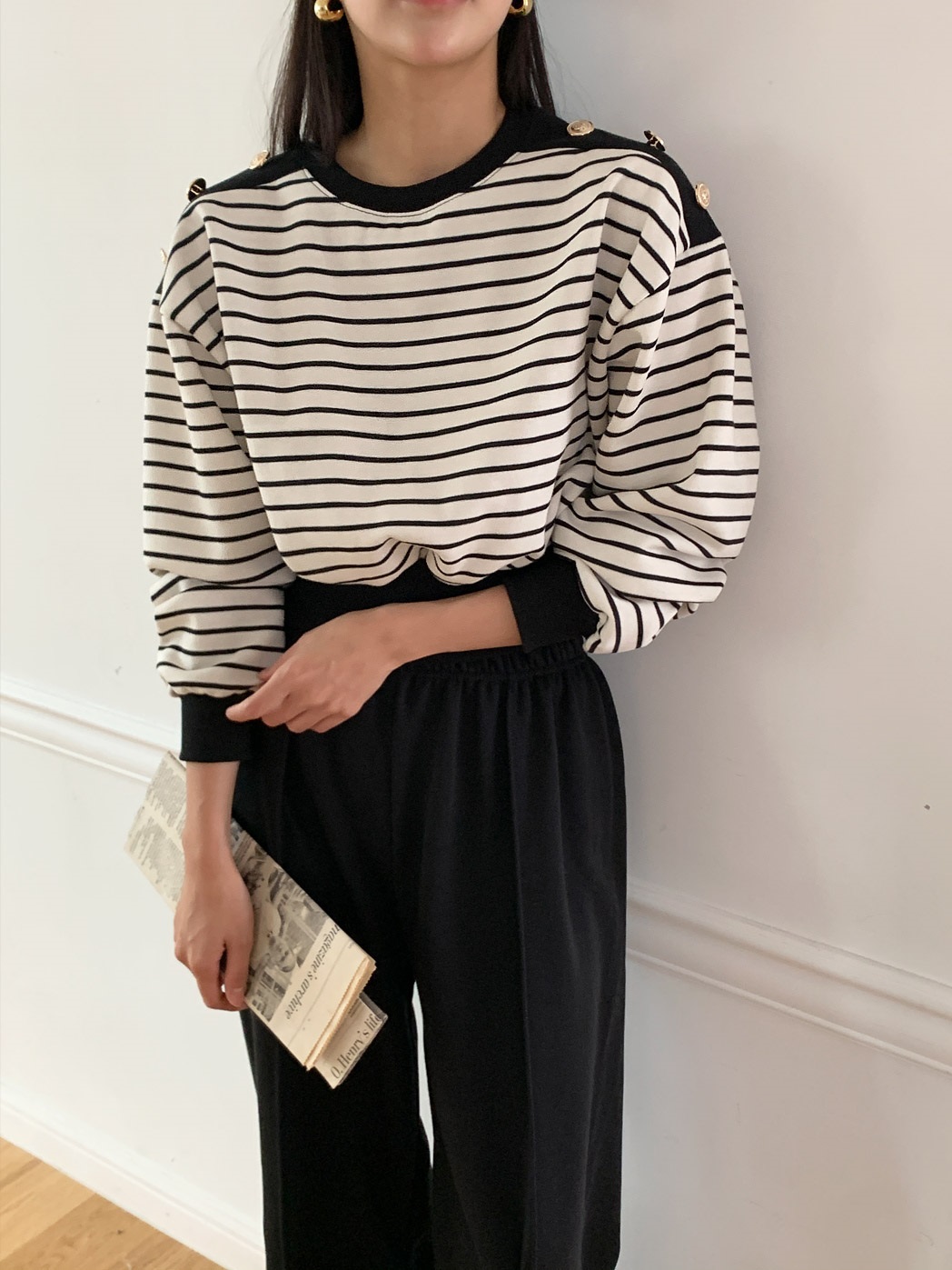 裏起毛ショルダーボタンボーダースウェット&パンツSET | 詳細画像3