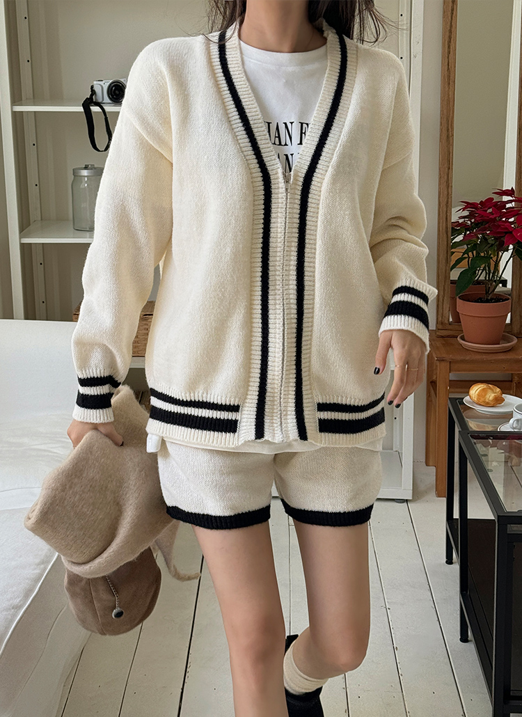 配色Vネックジップアップカーディガン&ニットショートパンツSET