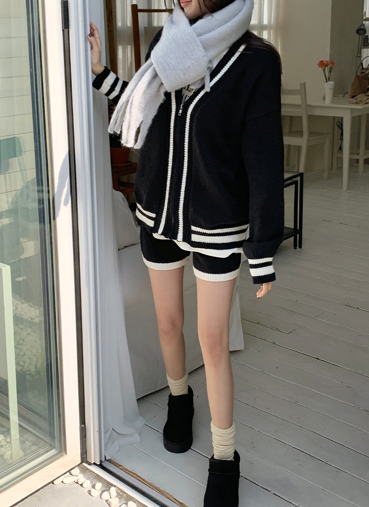 配色Vネックジップアップカーディガン&ニットショートパンツSET