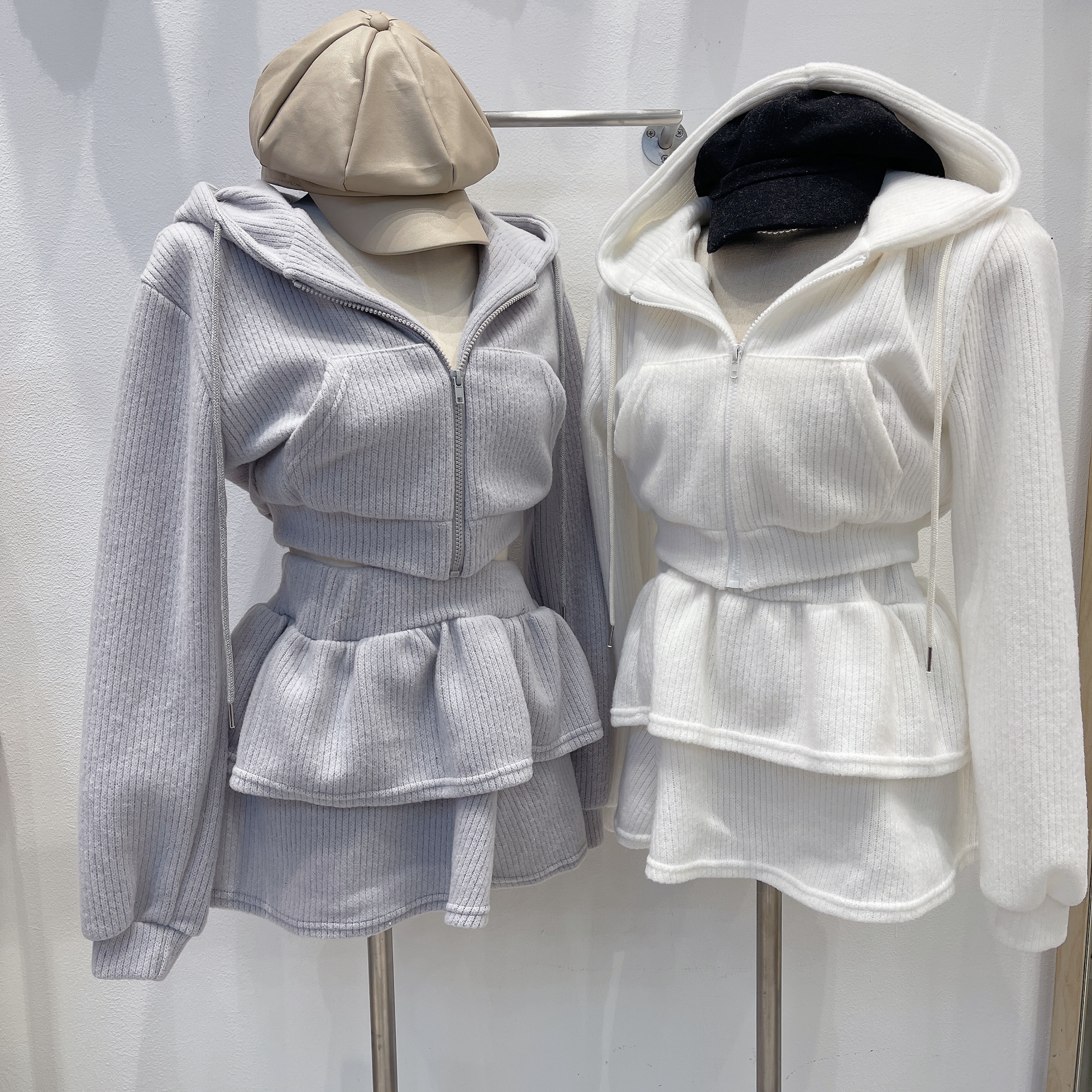 起毛リブクロップドジップパーカー&パンツ裏地ティアードスカートSET | 詳細画像2