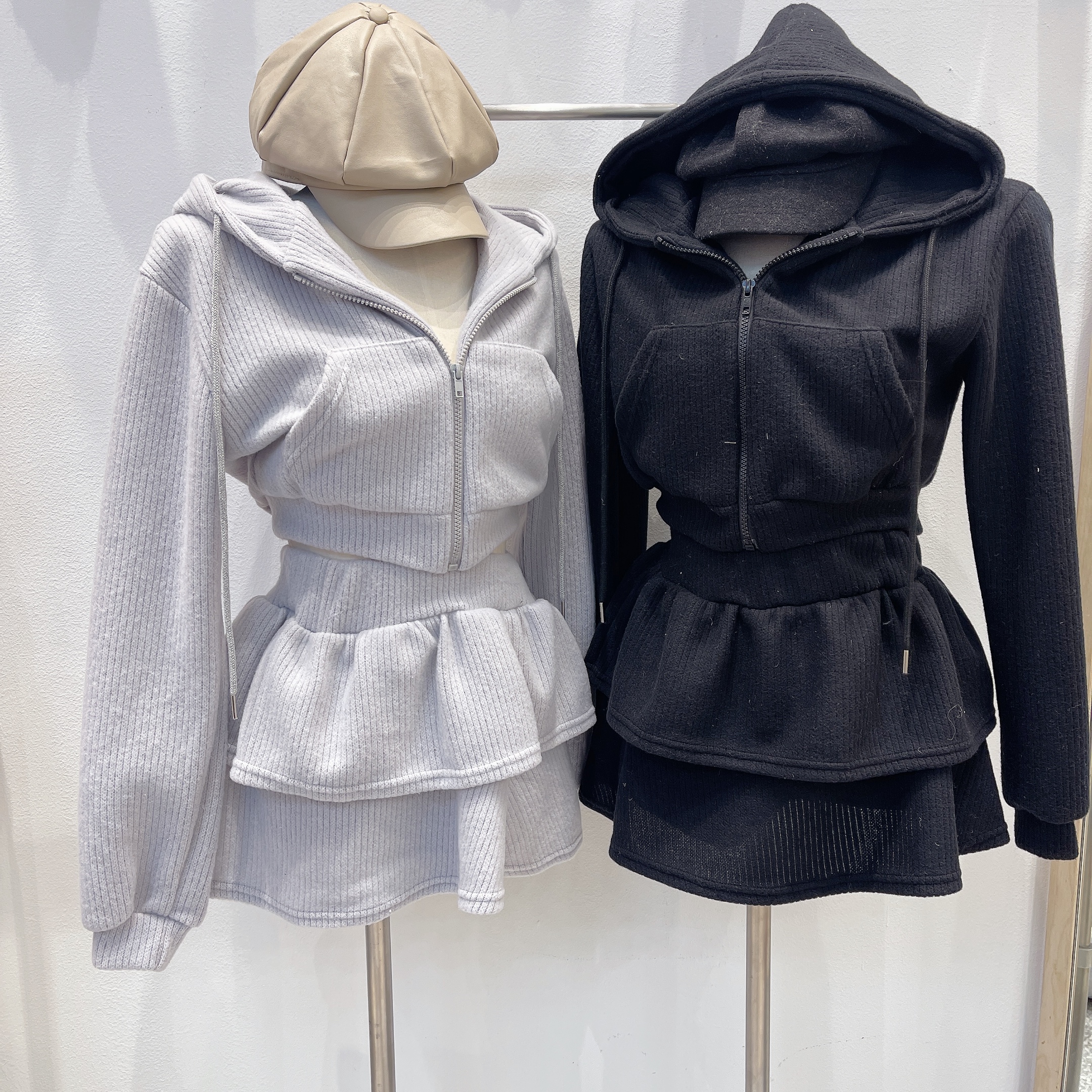 起毛リブクロップドジップパーカー&パンツ裏地ティアードスカートSET | 詳細画像3
