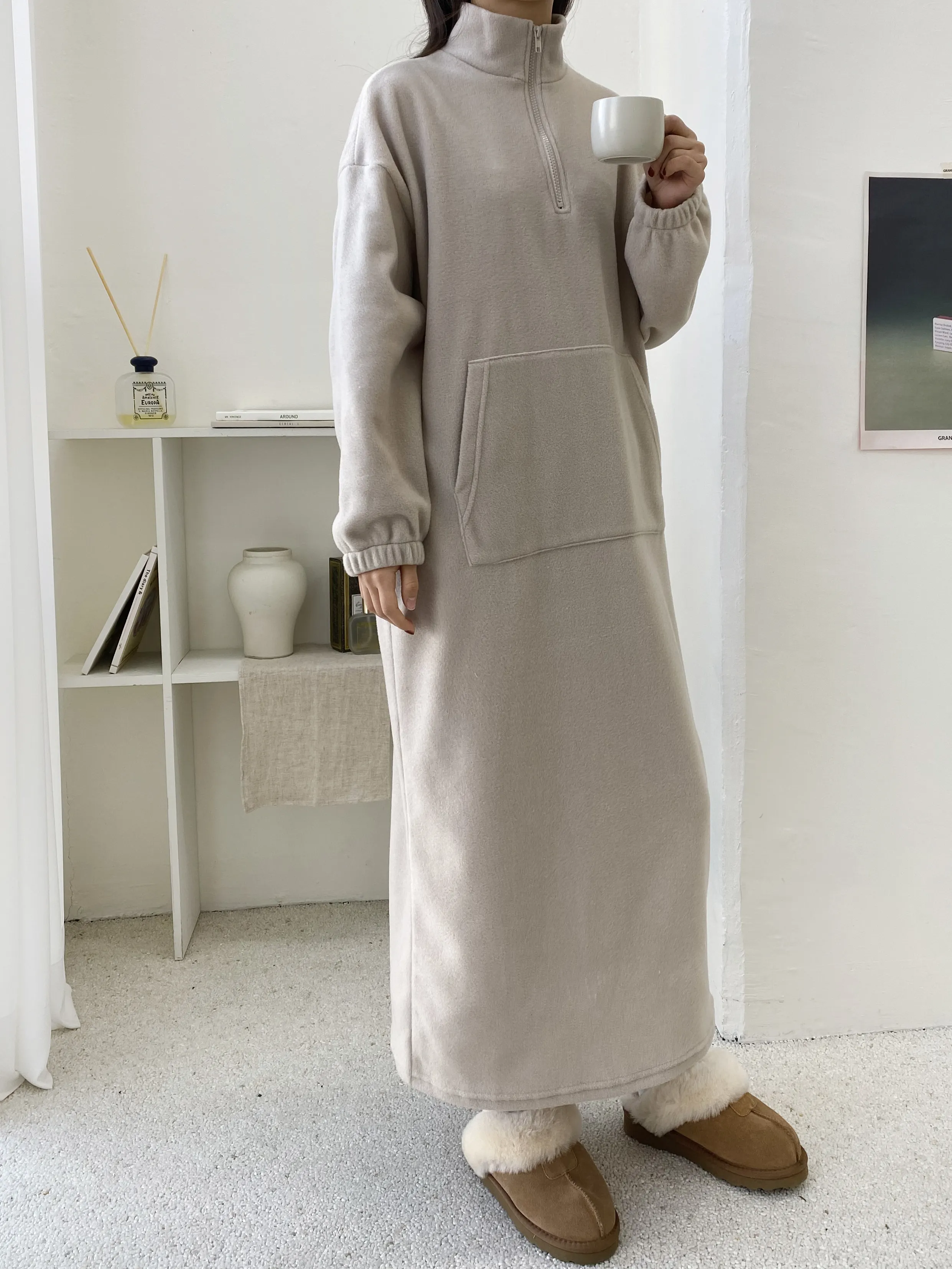 両起毛マフポケハーフジップハイネックワンピース | 詳細画像1