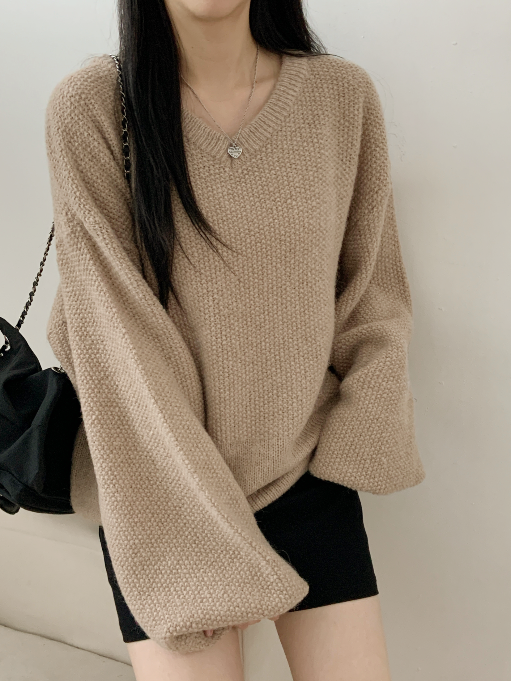 ウール混Vネックルーズワッフルニット | レディースファッション通販