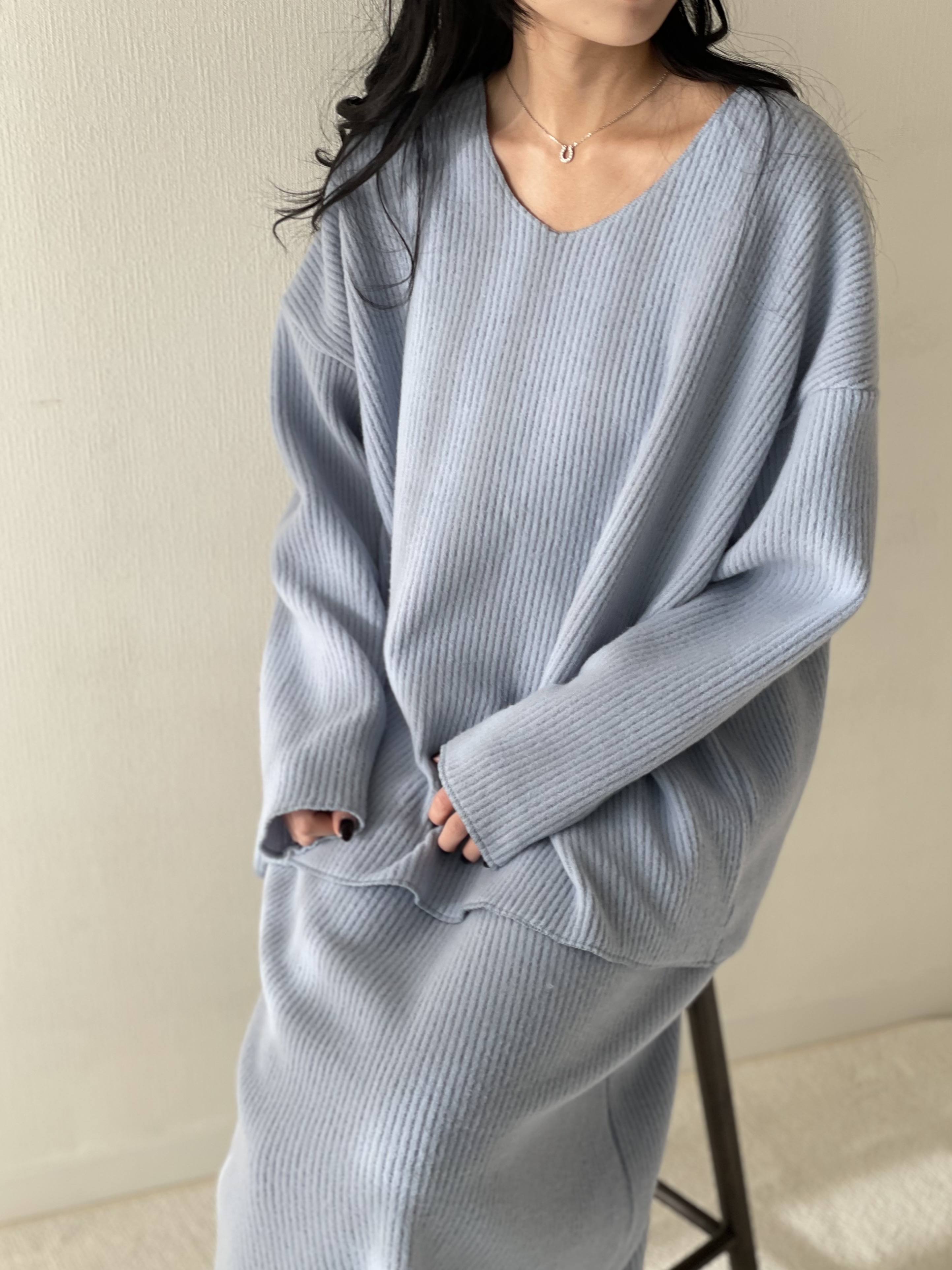 起毛UネックルーズリブTシャツ&スカートSET | 詳細画像5
