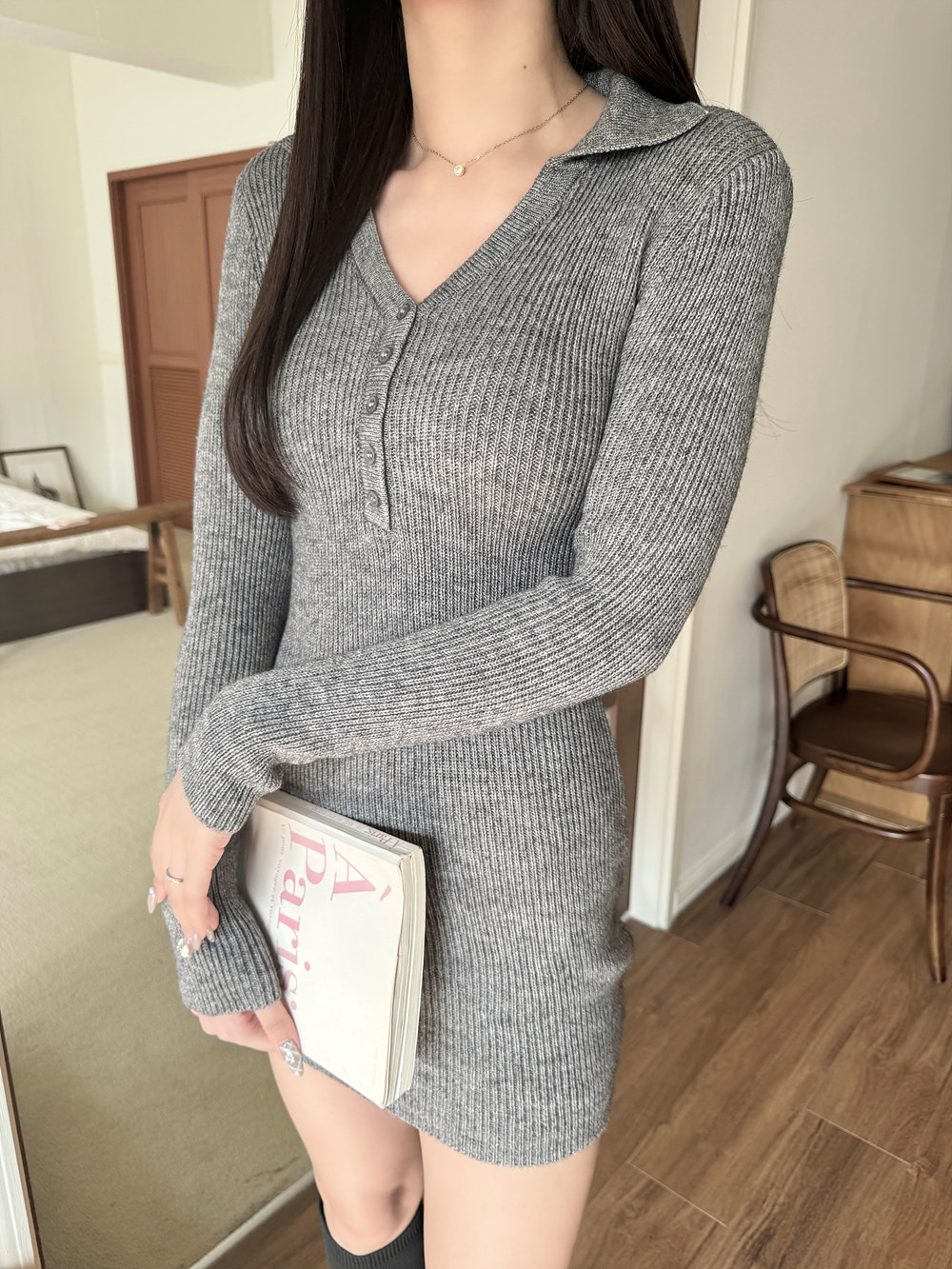 カラーボタンスリムリブニットミニワンピース | 詳細画像5