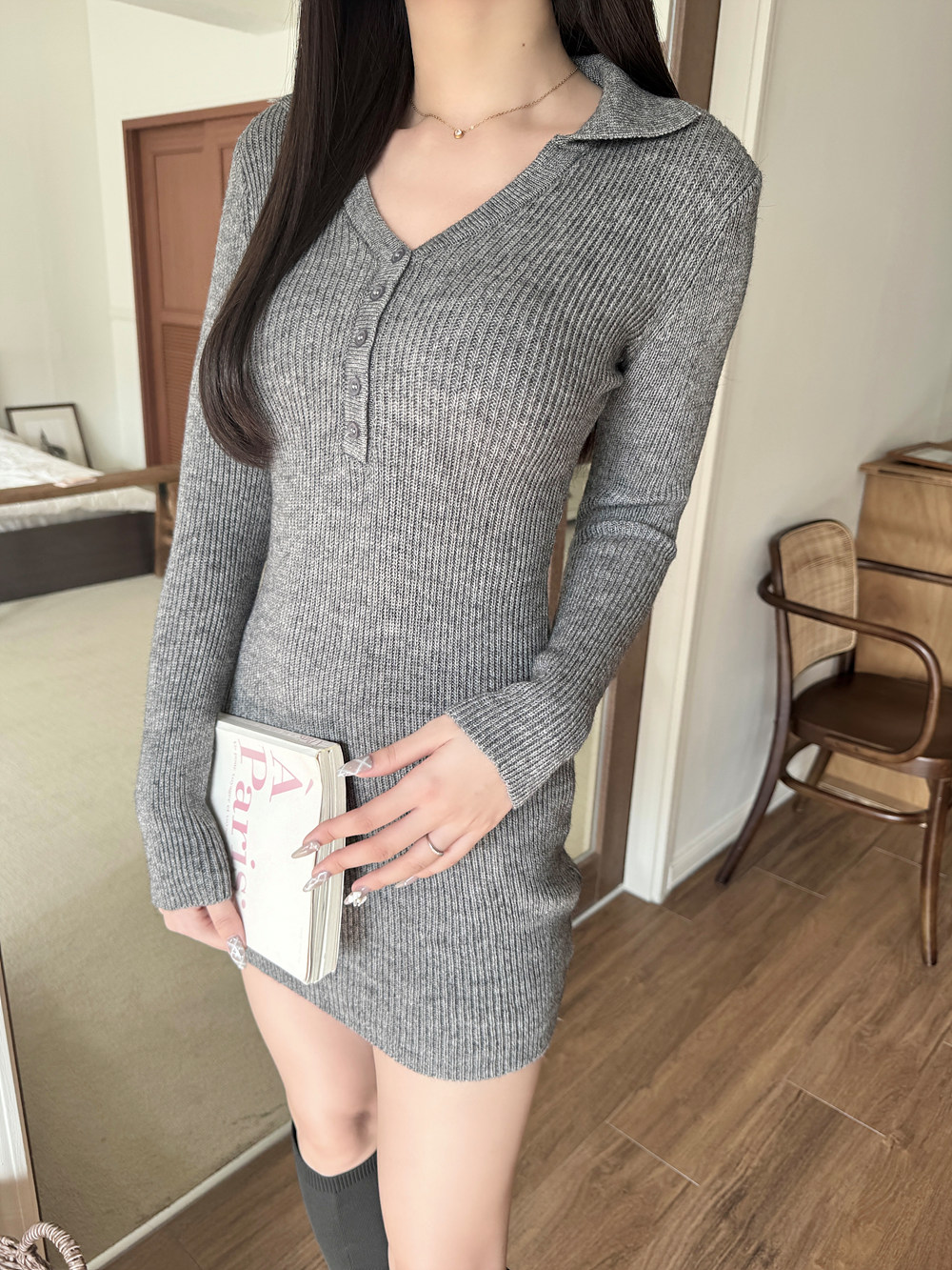 カラーボタンスリムリブニットミニワンピース | 詳細画像8