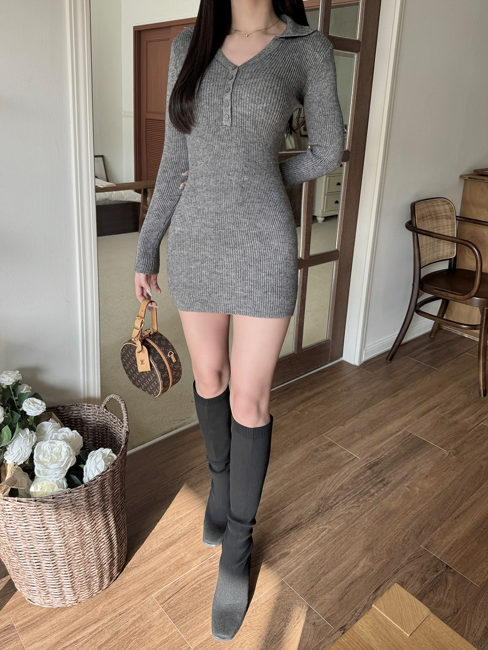 カラーボタンスリムリブニットミニワンピース | 詳細画像9