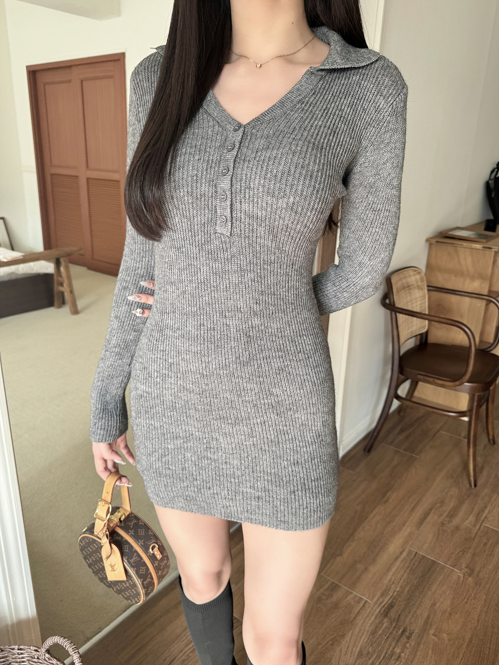 カラーボタンスリムリブニットミニワンピース | 詳細画像10