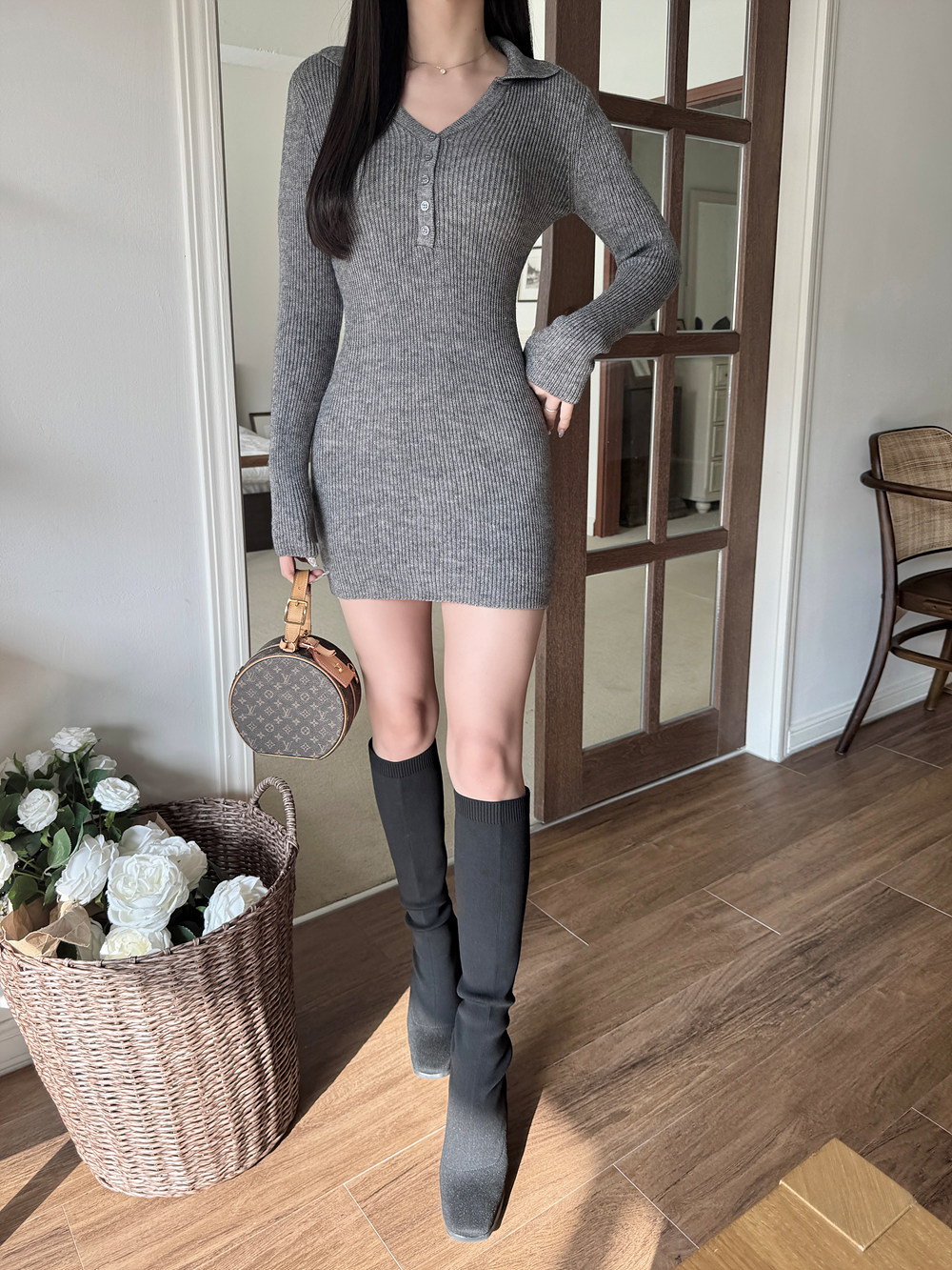 カラーボタンスリムリブニットミニワンピース | 詳細画像11