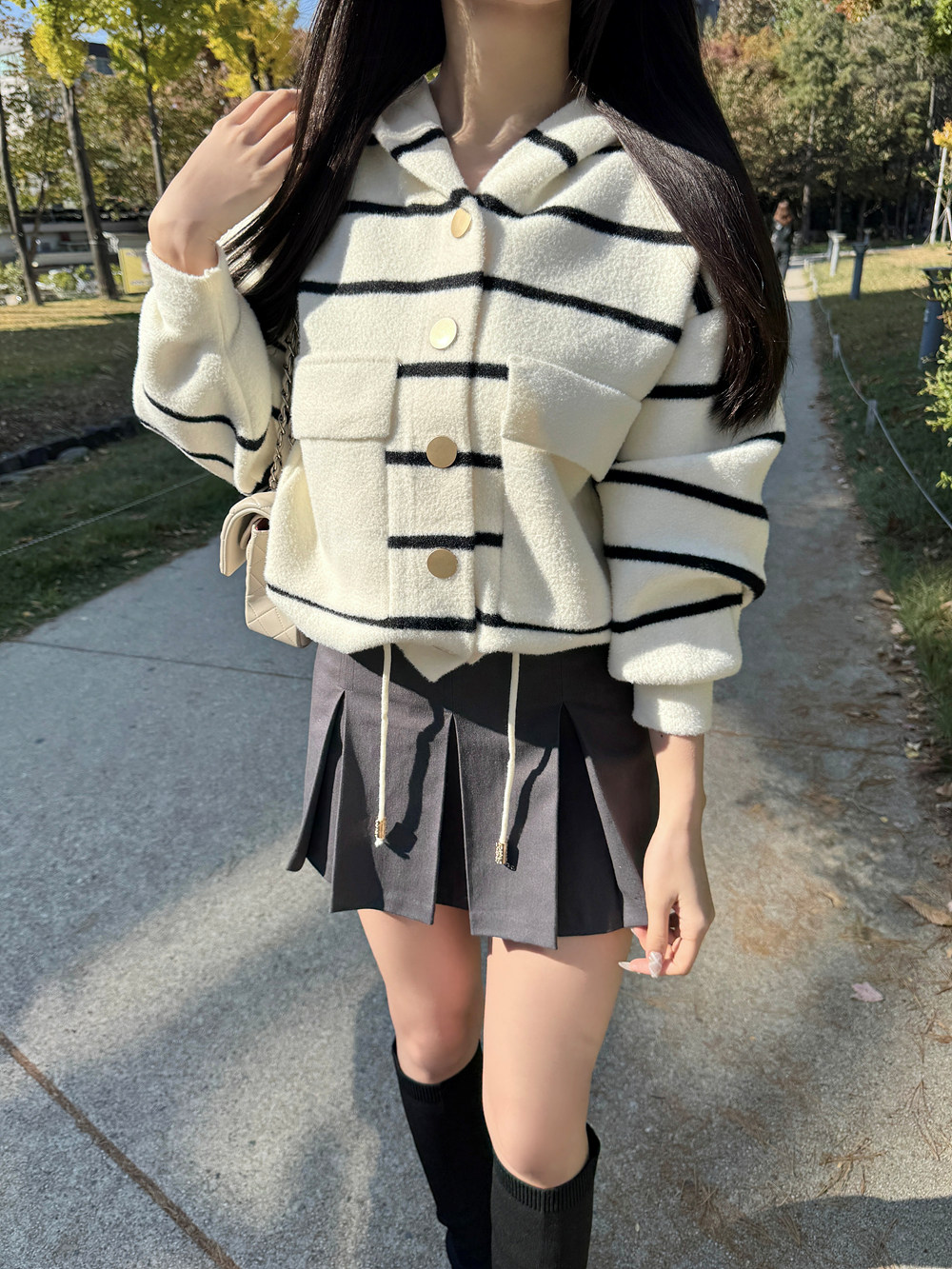 ドローコードヘムボーダーフードカーディガン | 詳細画像2