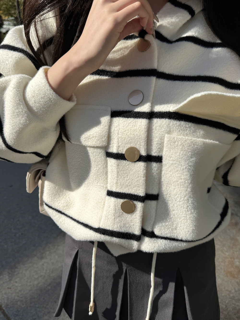 ドローコードヘムボーダーフードカーディガン | 詳細画像4