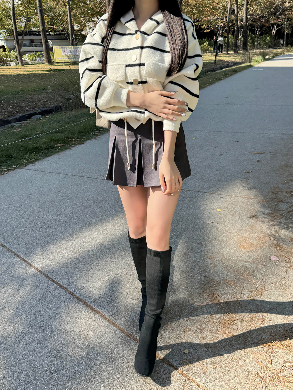 ドローコードヘムボーダーフードカーディガン | 詳細画像5