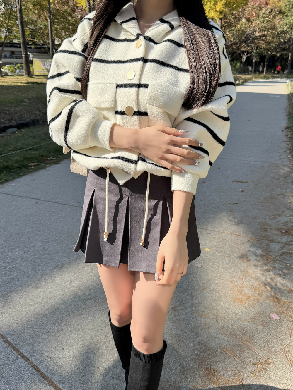 ドローコードヘムボーダーフードカーディガン | 詳細画像9