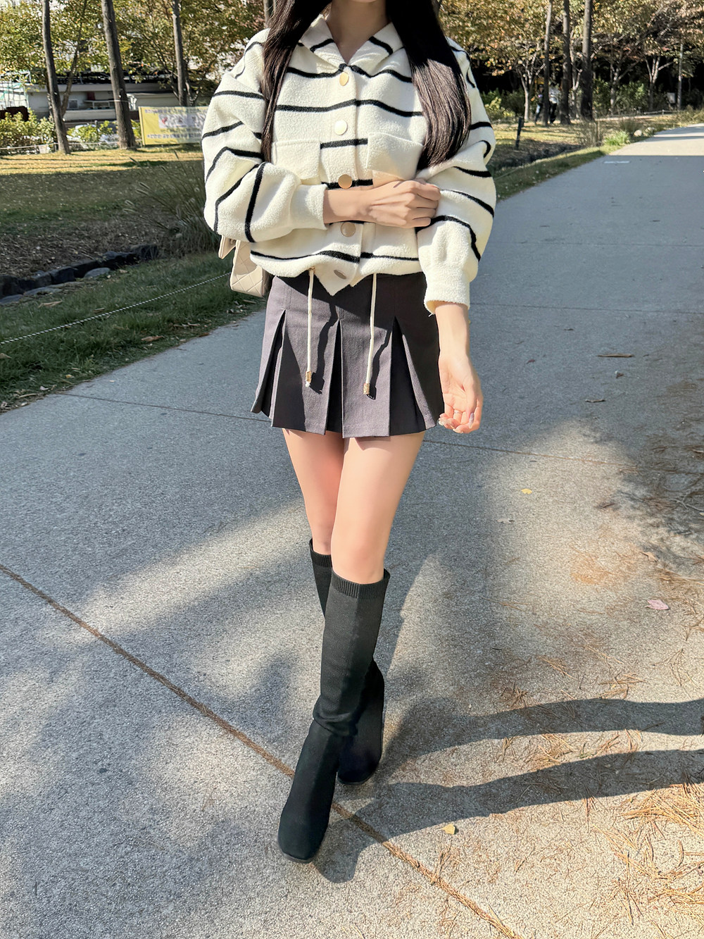 ドローコードヘムボーダーフードカーディガン | 詳細画像11