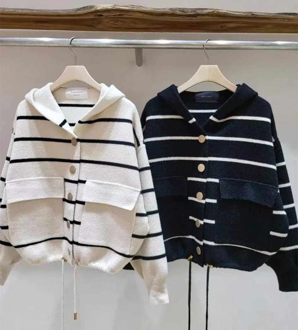 ドローコードヘムボーダーフードカーディガン | 詳細画像13