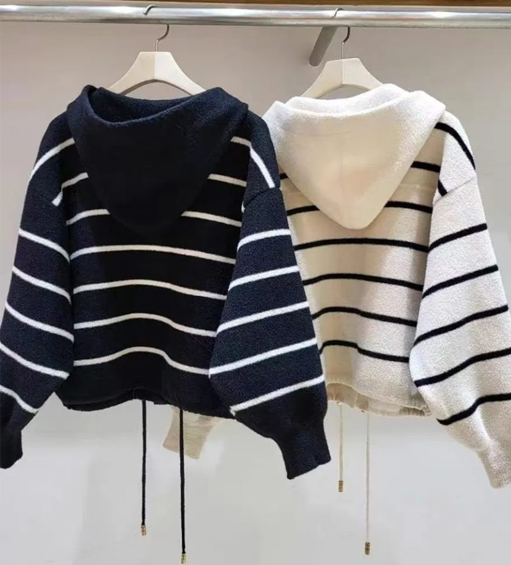 ドローコードヘムボーダーフードカーディガン | 詳細画像14