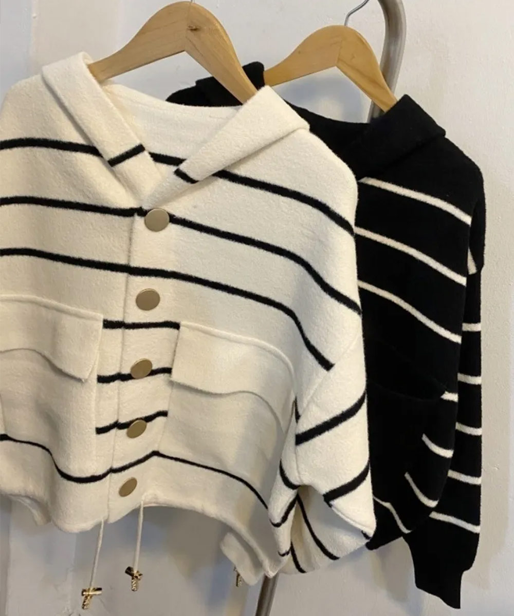 ドローコードヘムボーダーフードカーディガン | 詳細画像15