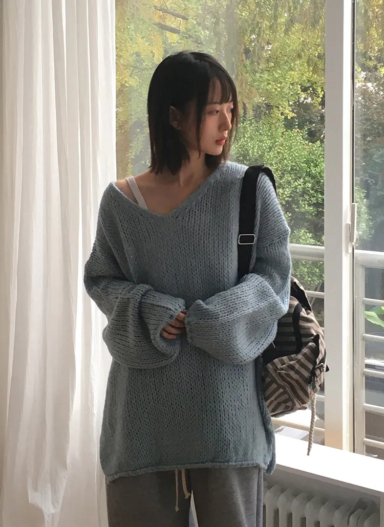 Vネックロールヘムルーズロングニット | WONDERWONDER | 詳細画像1