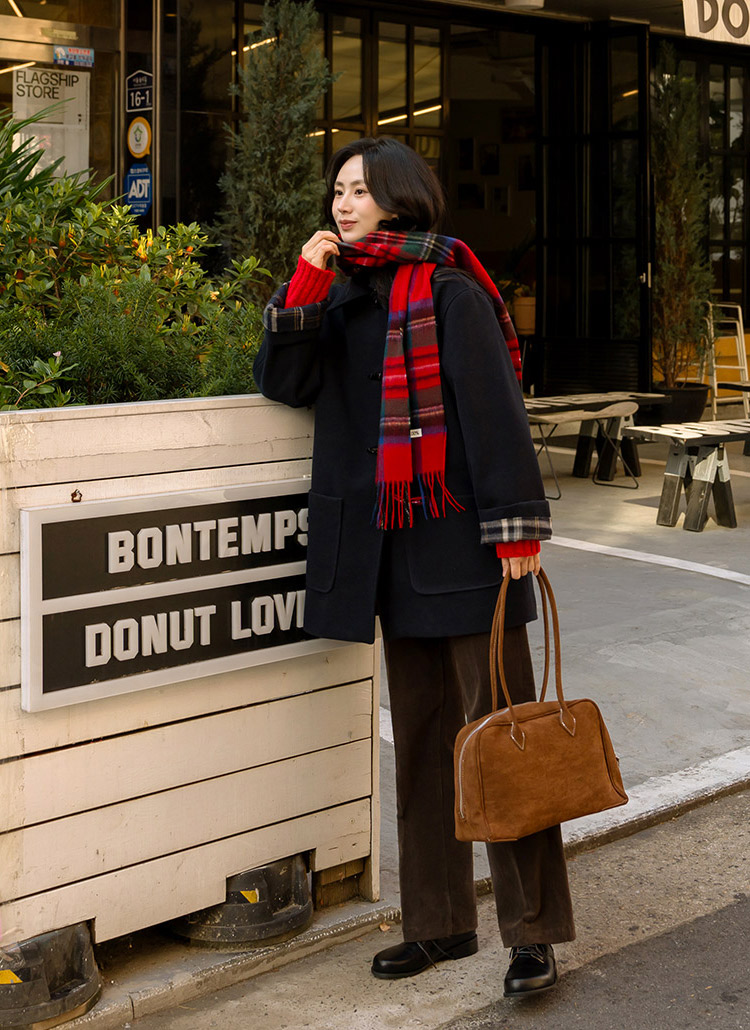 キルト裏地チェック配色ツーポケトグルボタンコート | レディース