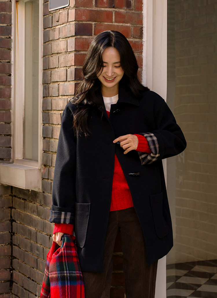 キルト裏地チェック配色ツーポケトグルボタンコート | レディース