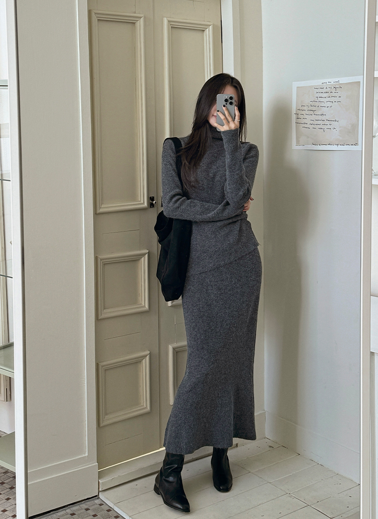 タートルネックニット&ロングニットスカートSET | レディース