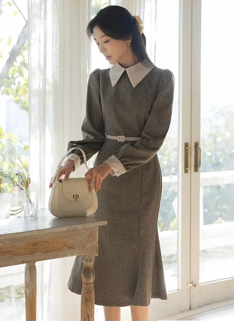 ベルト付ベロアカラーツイードマーメイドワンピース | ODE | 詳細画像1