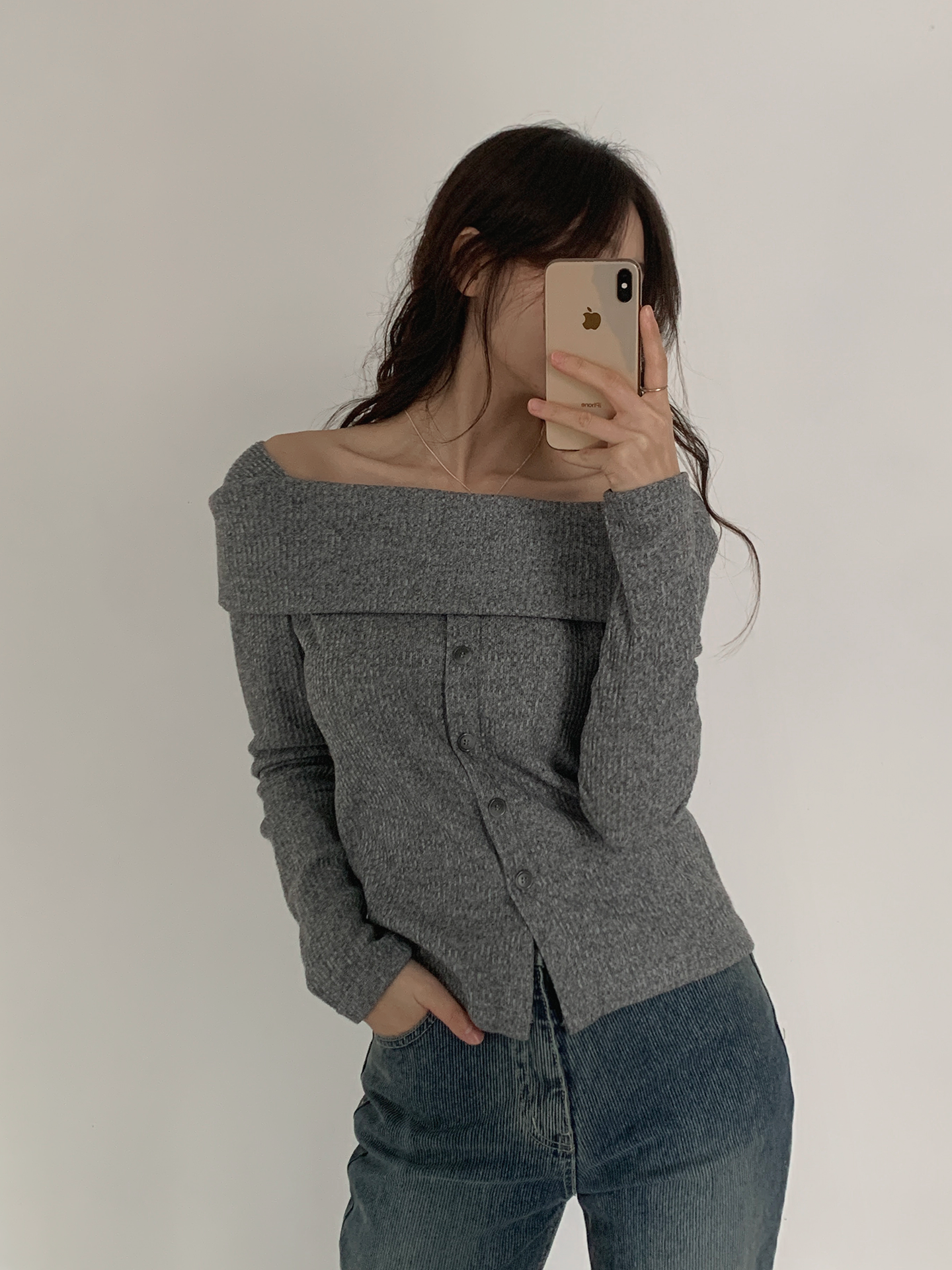 裏起毛オフショル風ボタンリブTシャツ | 詳細画像3