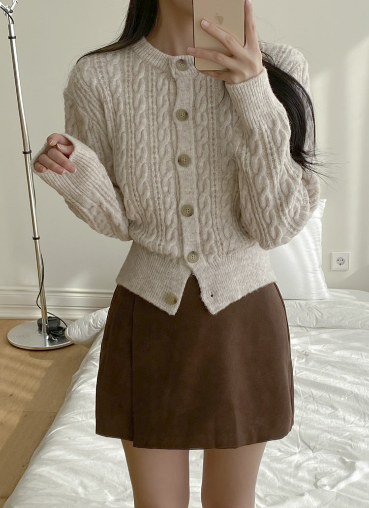 ラウンドネックケーブルニットカーディガン | レディースファッション