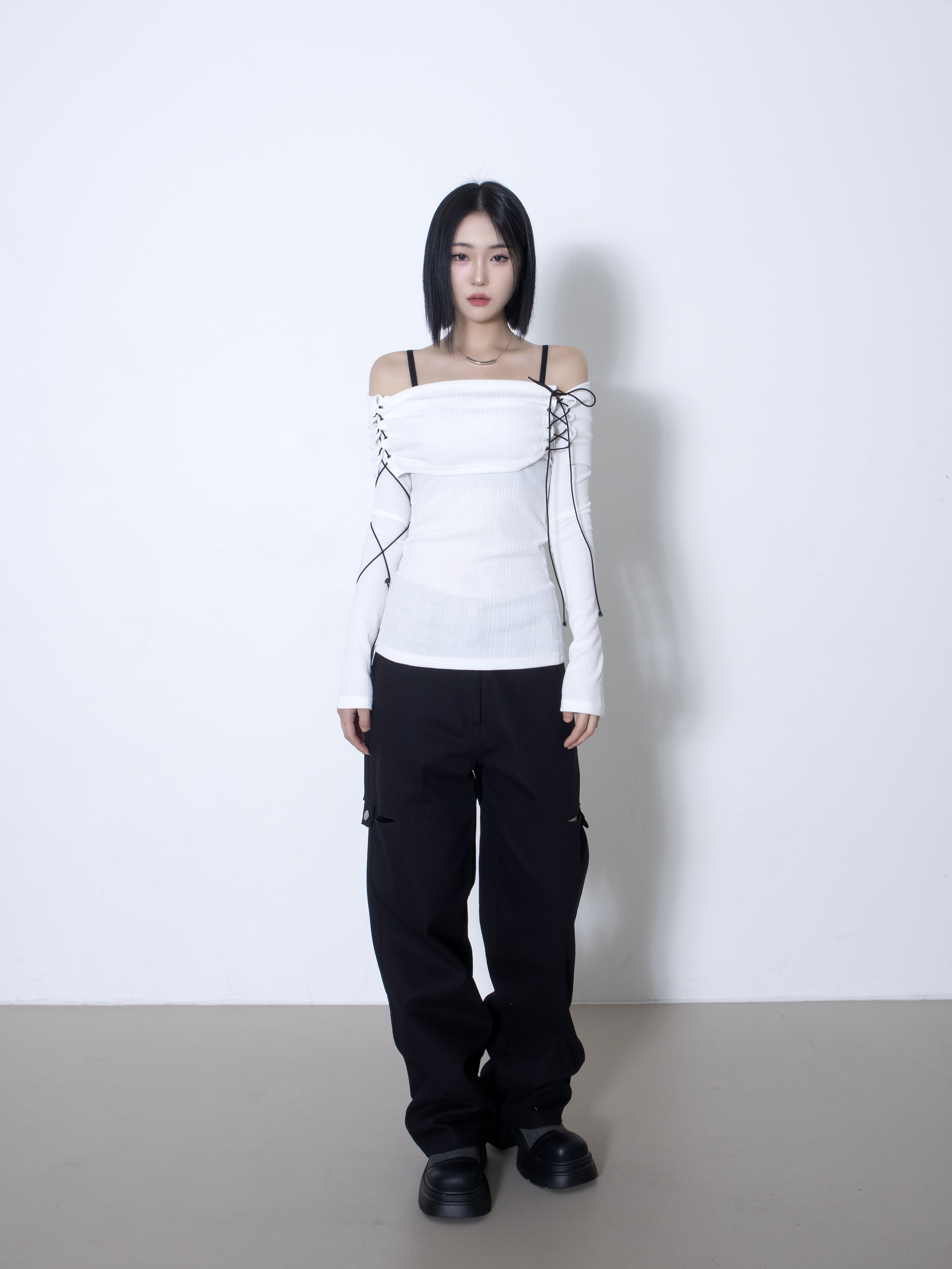 リブレースアップオフショルラップTシャツ | 詳細画像11
