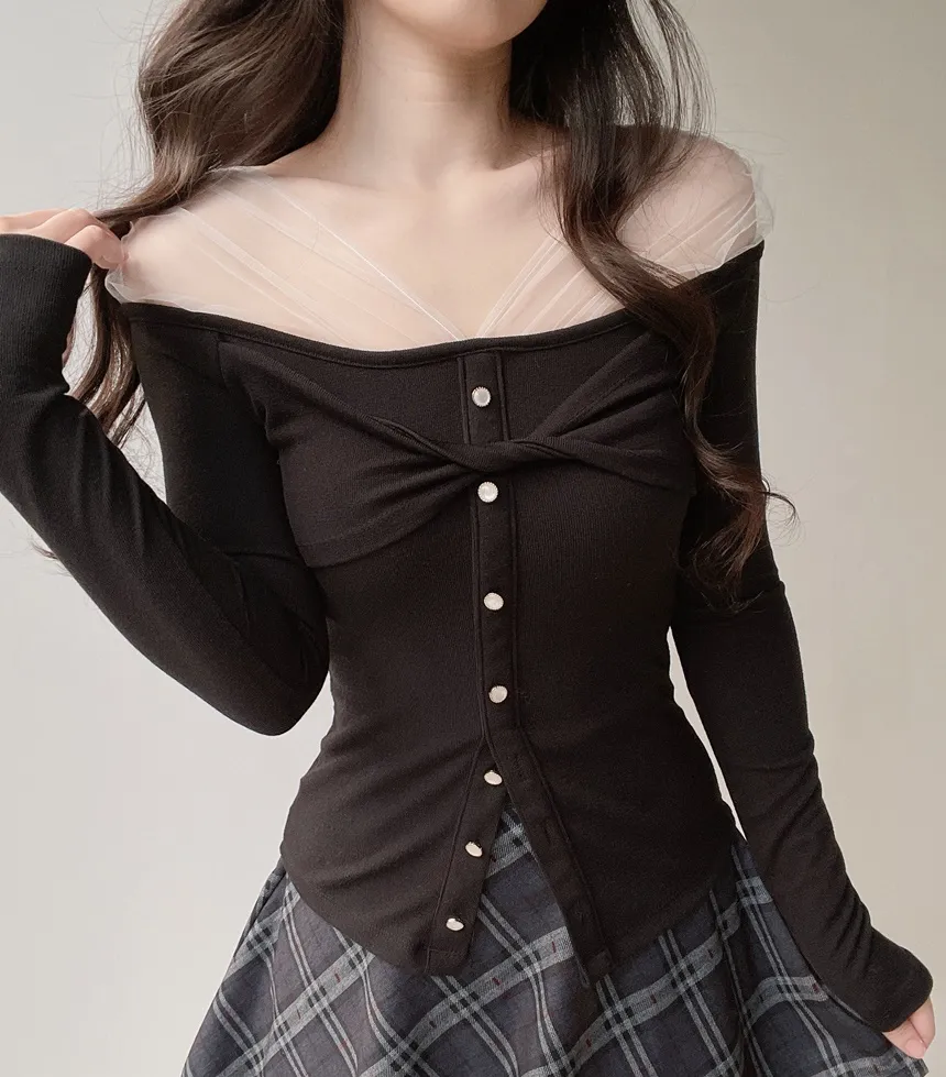 シースルー配色ツイストエコパールボタンTシャツ | mirangmirang | 詳細画像31