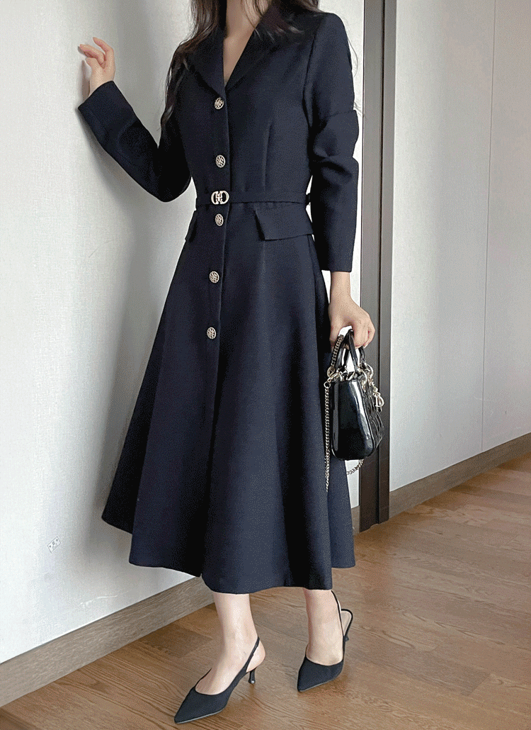 ベルト付ロゴボタンツイードAラインワンピース | レディース